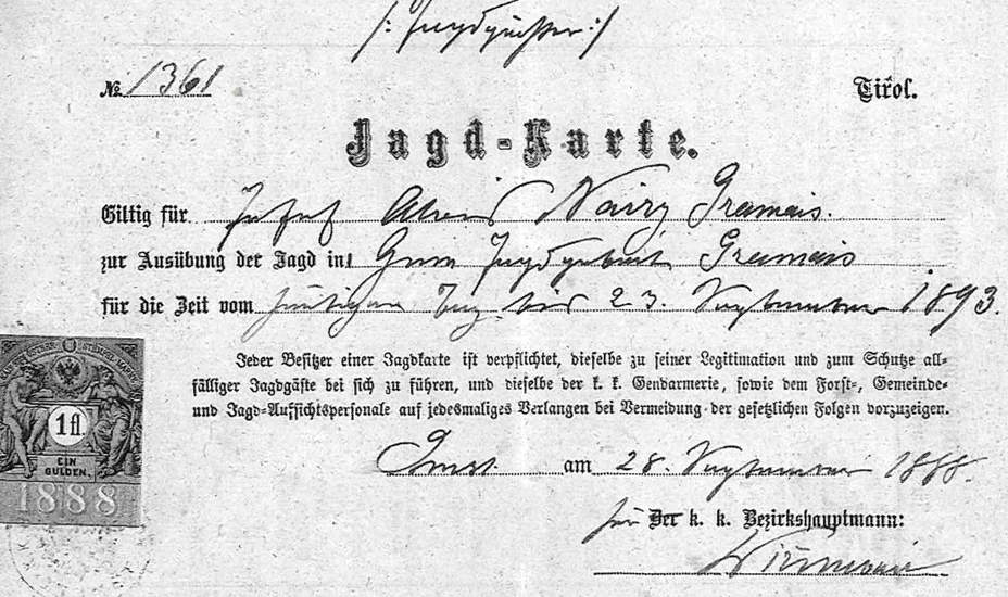 Jagdkarte aus dem Jahre 1893 von Alfons Nairz
